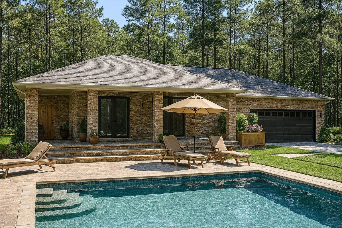 Ranch-style house plan exterior with stone facade, covered entry porch, and attached garage.