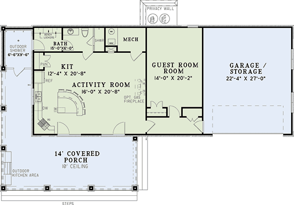 Plan 60660ND: Guest House Plan with L-Shaped Porch - Floor Plan - Main Level - Southern, Vacation