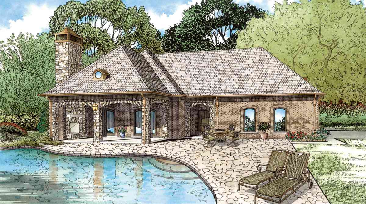 House plan exterior of a single-story brick home with arched covered patios, a stone chimney, dormer, and lakeside patio.