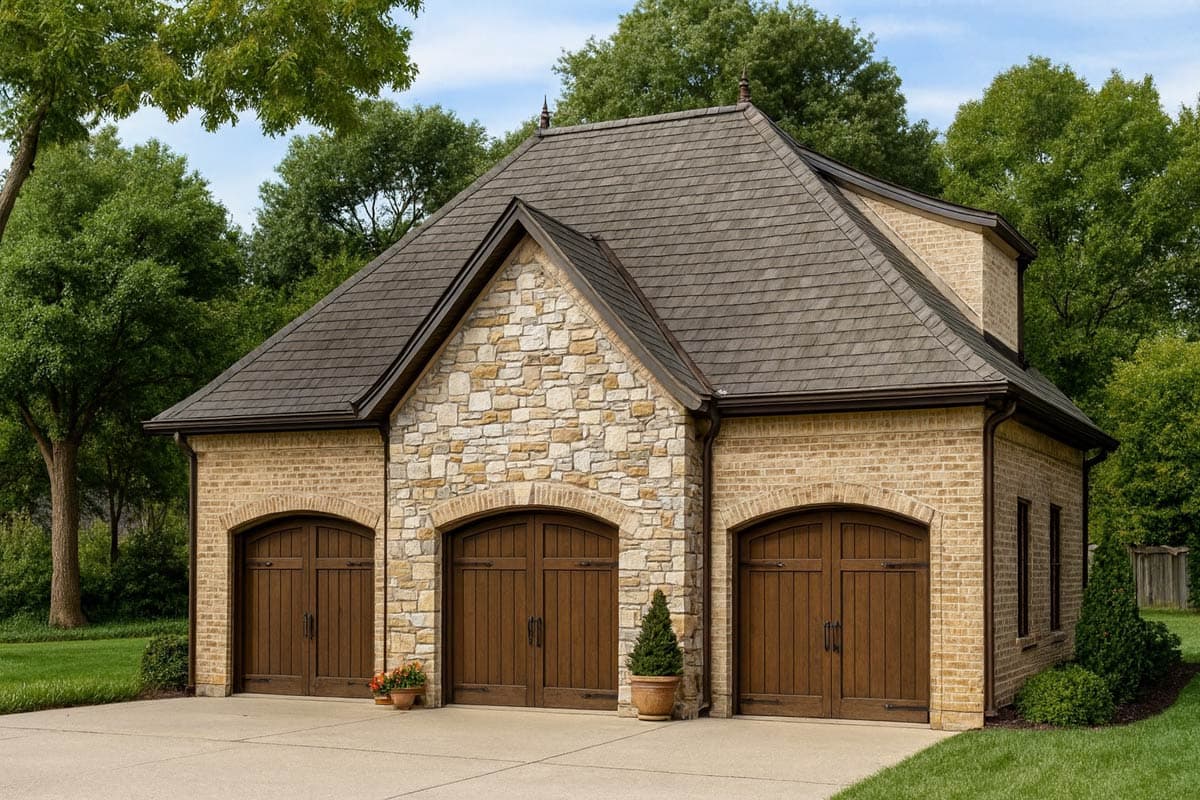 House plan exterior: Three-car garage with stone gable, brick exterior, and arched wooden garage doors.