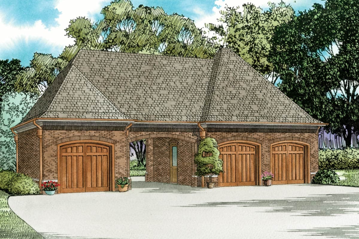 House plan exterior with brick facade, three arched garage bays, and a central pedestrian entrance.