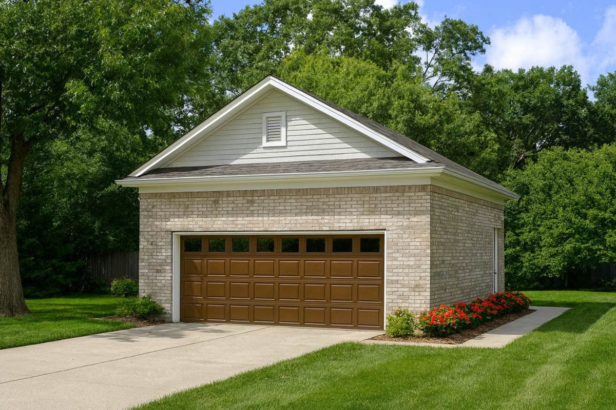 Garage exterior with light brick, brown paneled door with windows, gable vent, and manicured lawn.