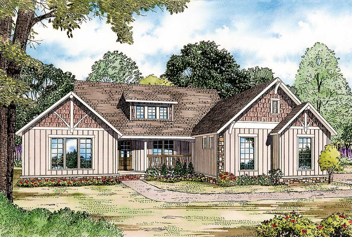 House plan exterior showing a one-story Modern Farmhouse with board and batten siding, stone accents, gabled rooflines, and a dormer.