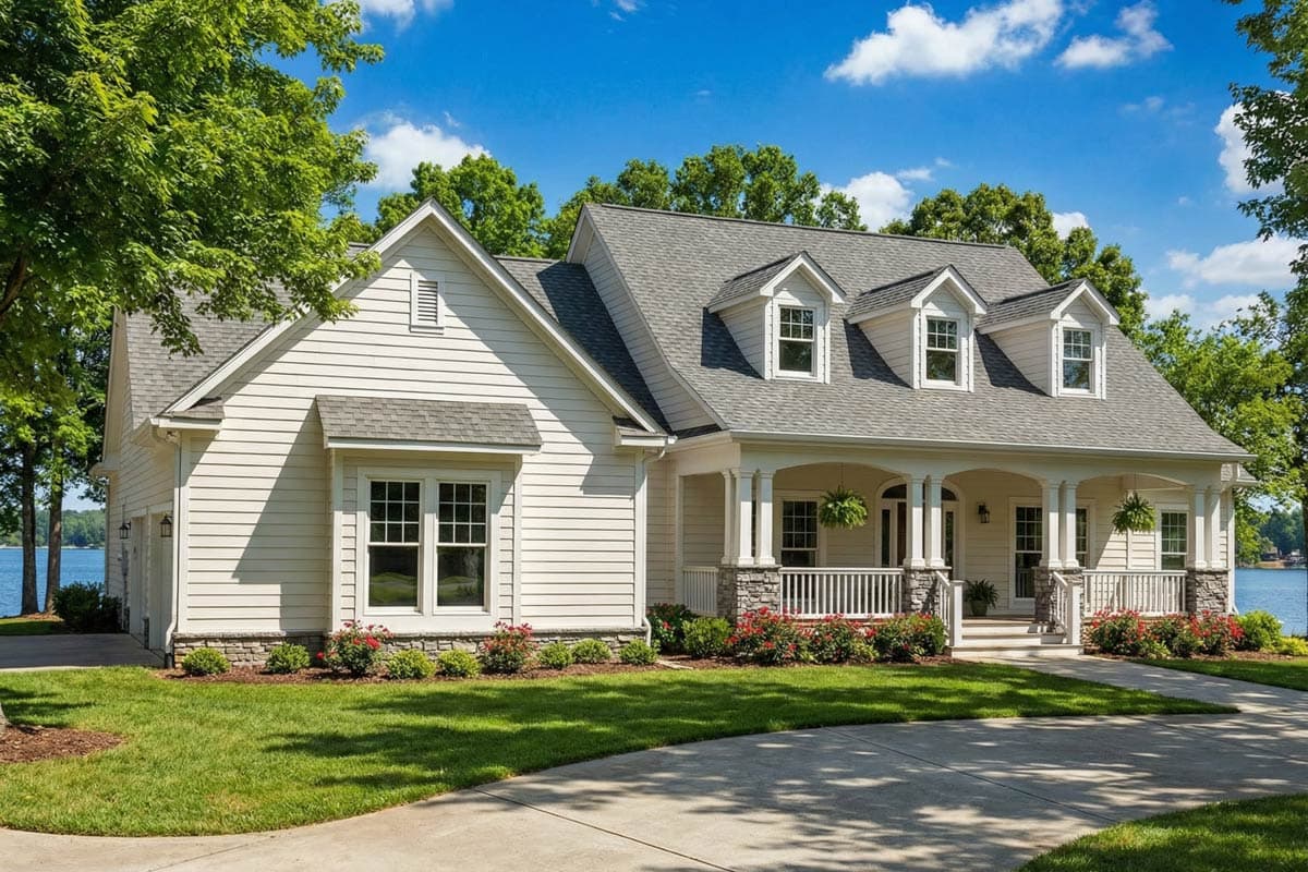 A two-story white house with a porch and dormer windows sits by a lake. Lush green lawn and red flowers accent the house against a blue sky.