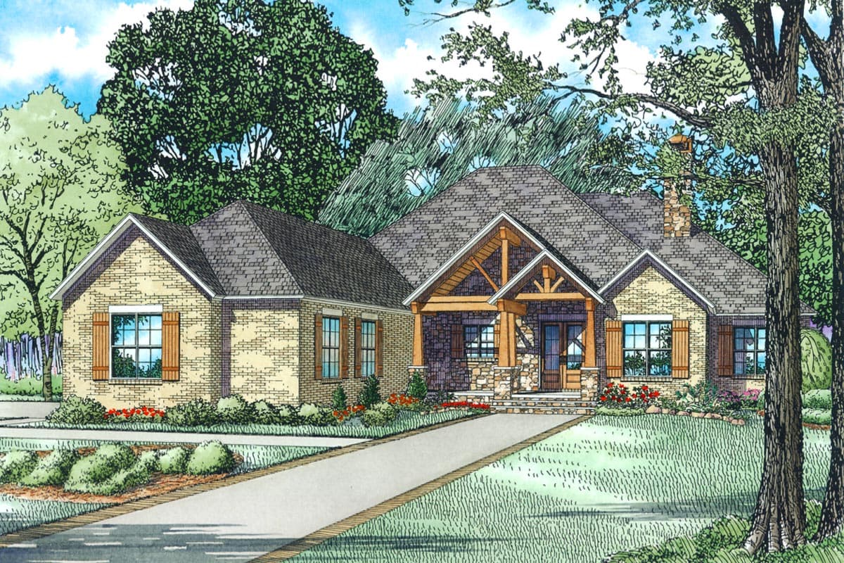 House plan exterior: One-story Modern Farmhouse with gabled entry, exposed beams, stone accents, and brick facade.