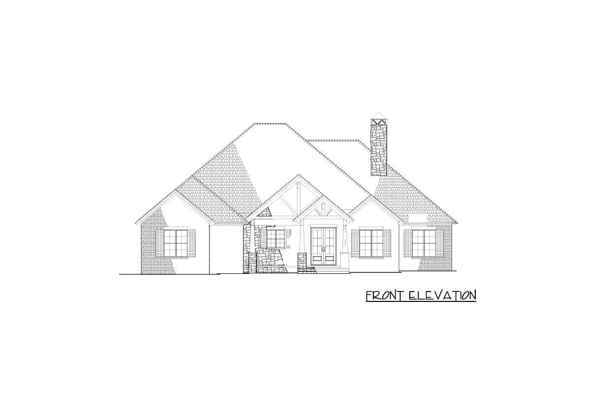 Front elevation drawing of a one-story house plan featuring a prominent stone chimney, gable accents, and a covered entryway with double doors.