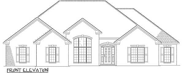 Front elevation house plan drawing showing a one-story home with a central arched entrance, large arched window, and gabled rooflines.