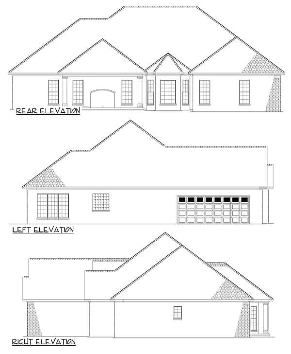 House plan rear, left, and right elevations showing a one-story structure with a complex roofline, multiple windows, and a two-car garage.