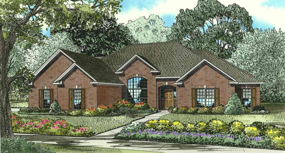House plan exterior, one-story brick home with arched entryway, large arched window, and gable dormers.
