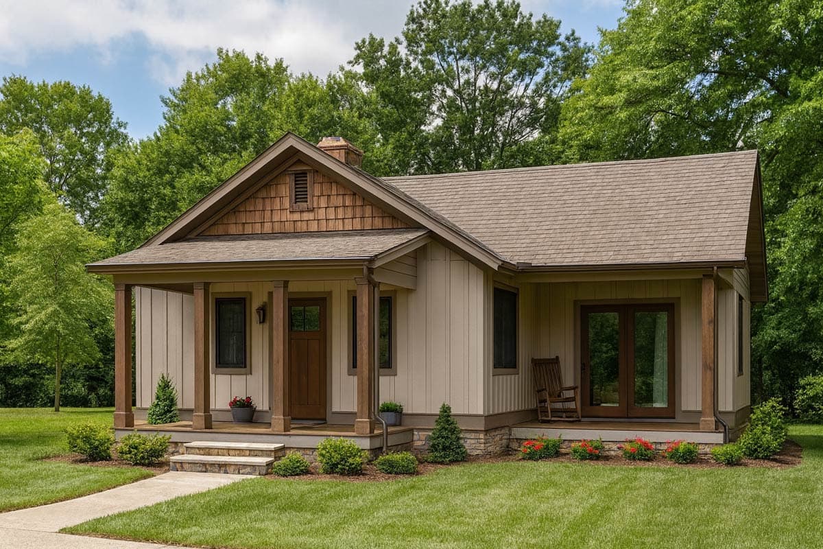 House plan exterior: single-story Craftsman style with covered front porch, shake gables, and stone foundation.
