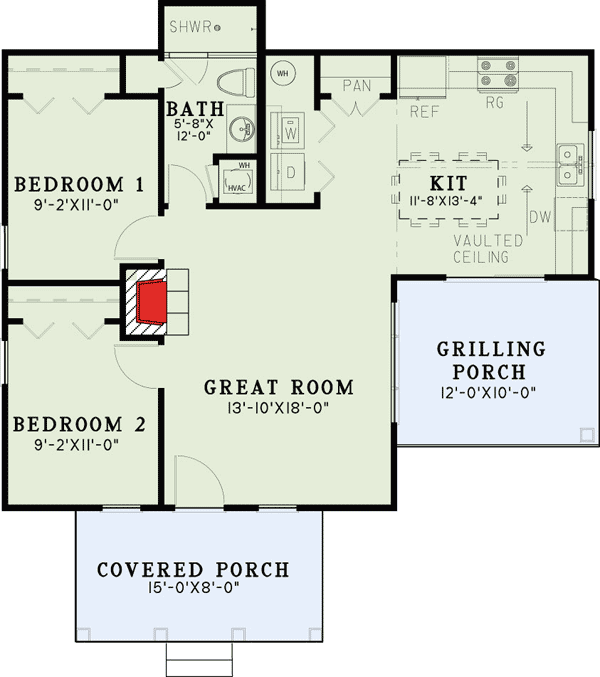 Plan 60673ND: 2 Bed and 2 Porch Cottage House Plan Under 900 Square Feet - Floor Plan - Main Level - Cottage, Craftsman, Vacation