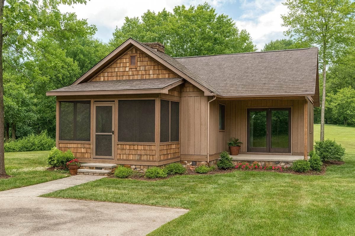 House plan exterior featuring a screened porch with cedar shingles, stone foundation, and gable roof.