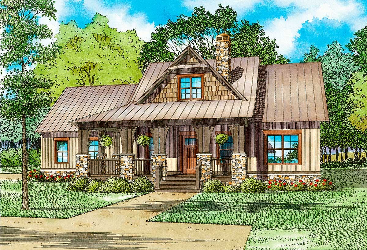 House plan exterior: Ranch style, standing seam metal roof, stone and wood siding, covered front porch with stone pillars.