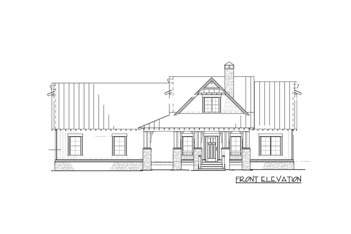 Front elevation of a house plan featuring a gabled dormer, stone-clad porch columns, and a standing seam metal roof.