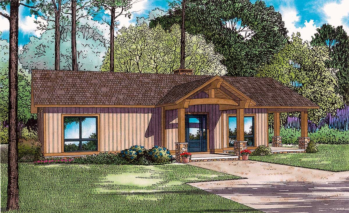 House plan exterior of a one-story home with a covered entry, large window, and board-and-batten siding.