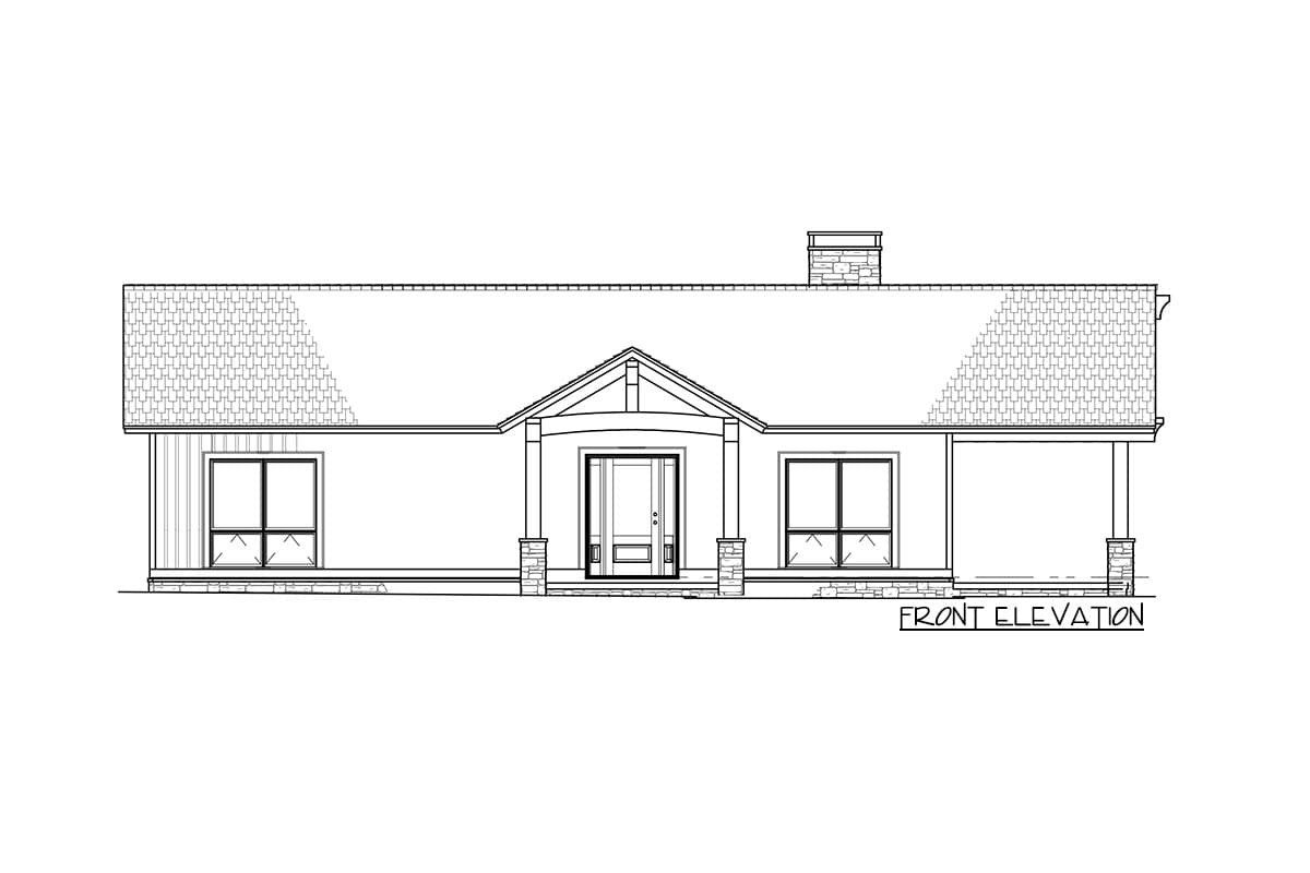 Front elevation drawing of a single-story house with a covered entry porch, dormer window, and stone accents.