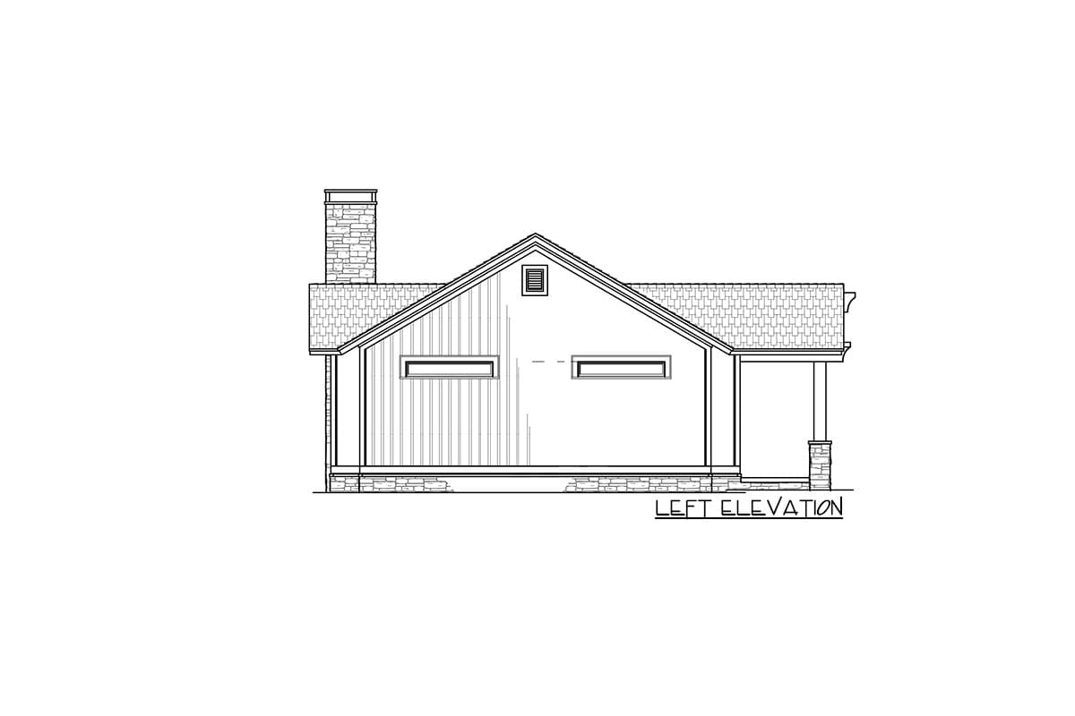 Left elevation house plan shows a single-story structure with a gable roof, stone chimney, porch with stone columns, and two horizontal windows.