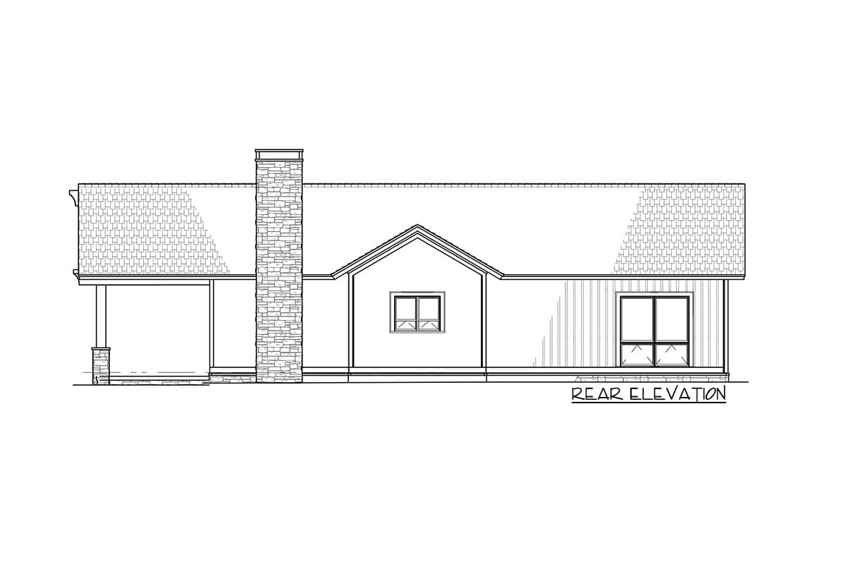 Rear elevation of a house plan featuring a large stone chimney, covered porch, gabled dormer, and large windows.