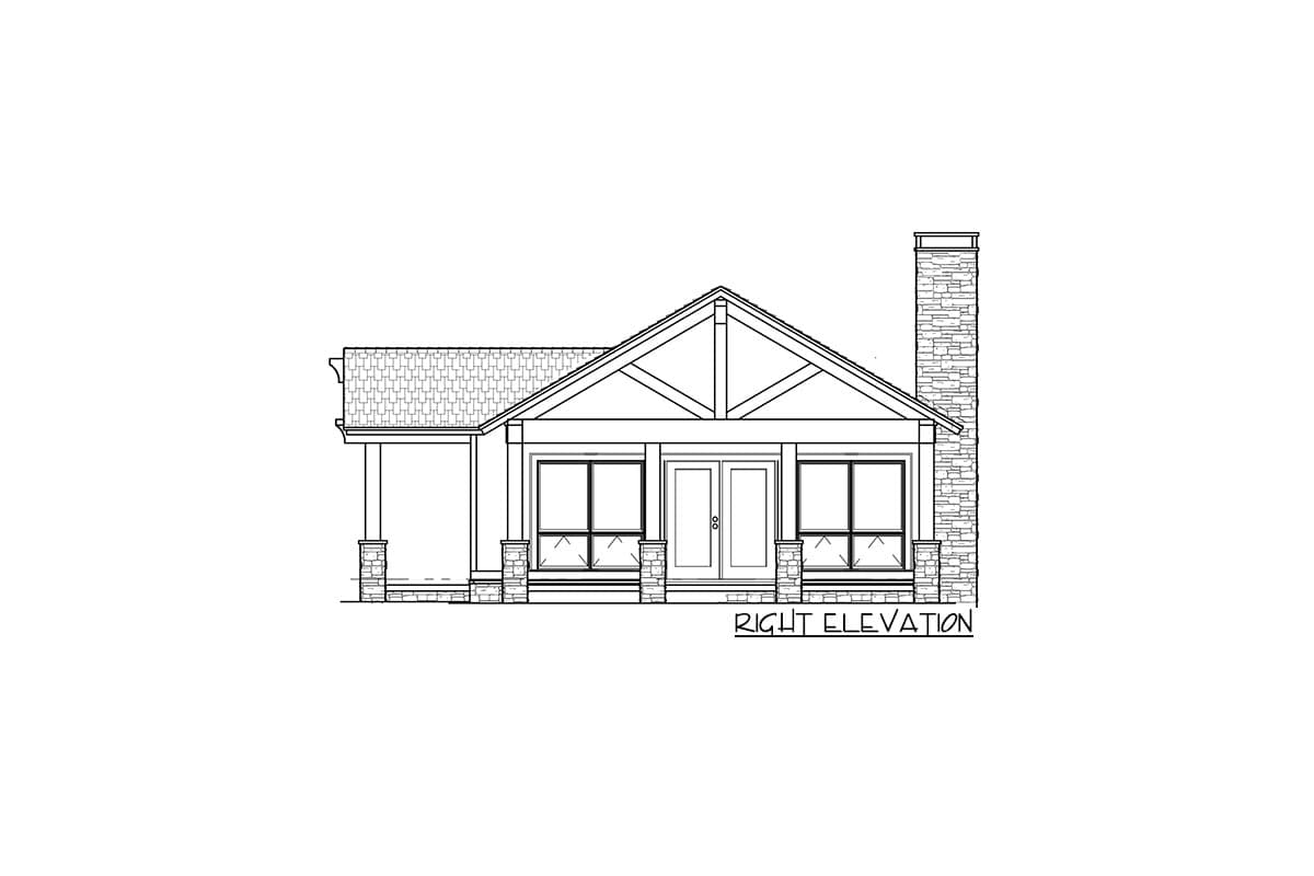Right elevation house plan: Craftsman style with prominent gable, stone chimney, covered porch, and large windows.