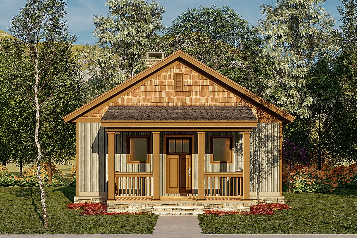 House plan exterior. Craftsman style, single-story home with a gabled roof, front porch, and shingle siding on the gable.