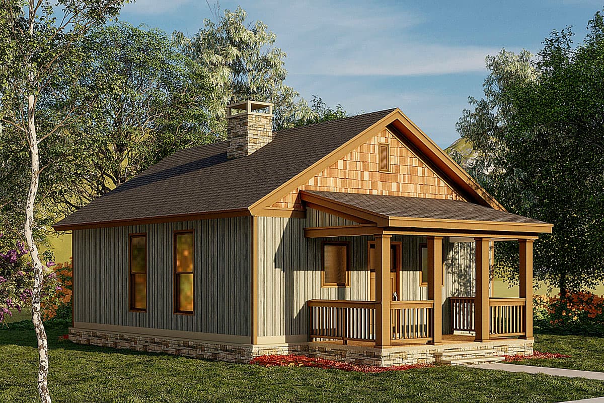House plan exterior: one-story cottage with shingle gable, stone chimney, and covered front porch.