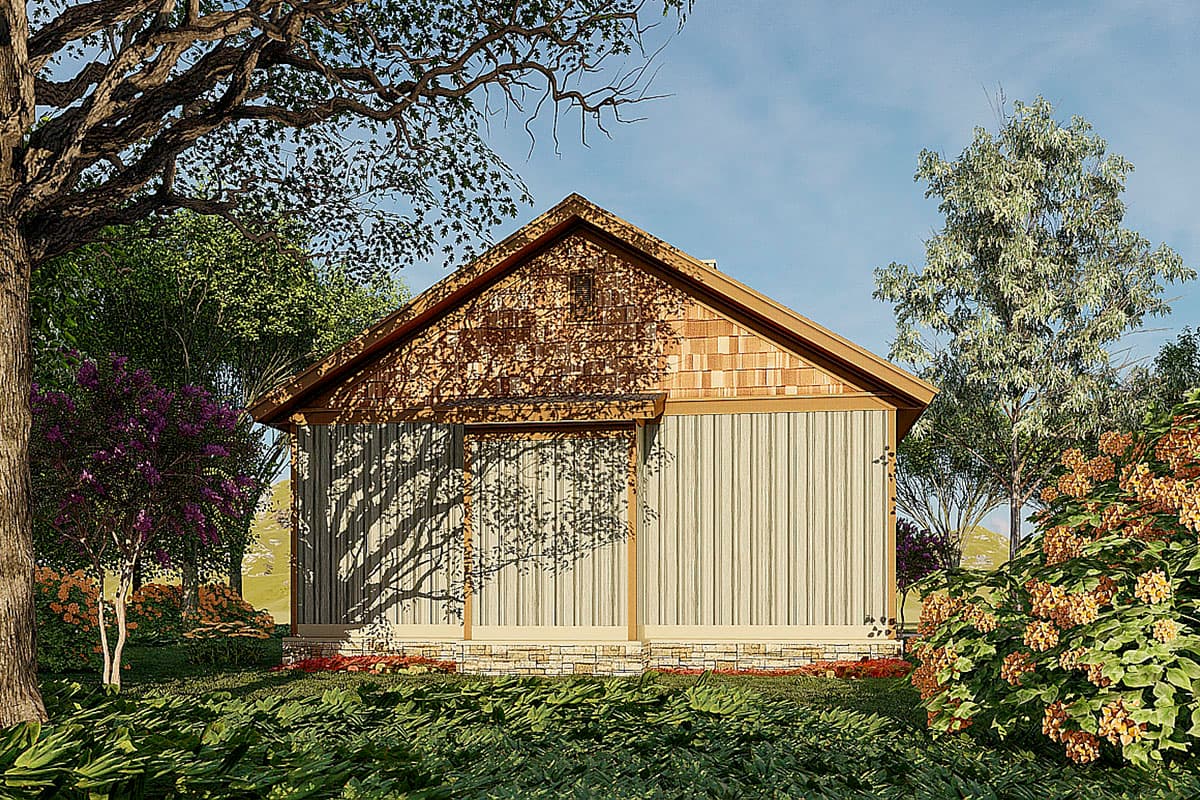 House plan exterior: One-story Modern Farmhouse with vertical siding, cedar shake gable, and stone foundation.