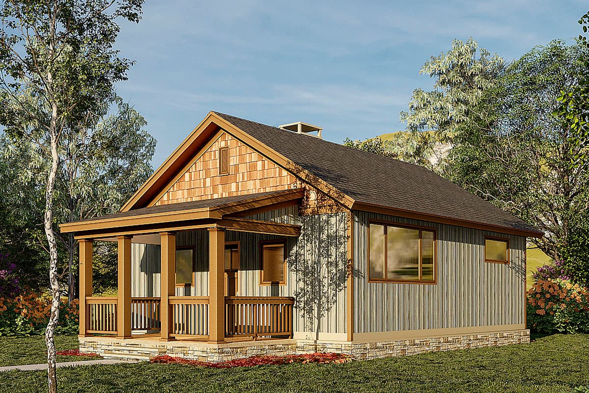 House plan exterior: one-story cottage with covered front porch, wood shingle gable accent, and vertical siding.