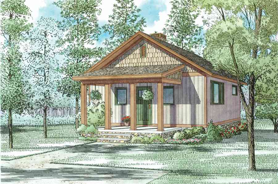 Craftsman house plan exterior: one story with a covered porch, gabled roof, and shingled dormer.