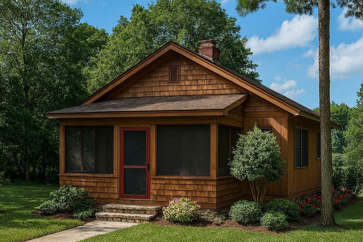 Craftsman-style house plan exterior with cedar shingles, a screened porch, dormers, and a gabled roof.