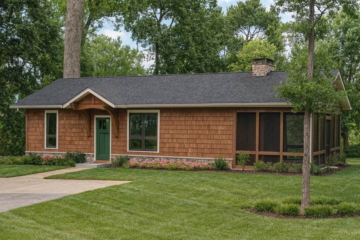Ranch house plan exterior with cedar shake siding, stone foundation, screened porch, and a stone chimney.