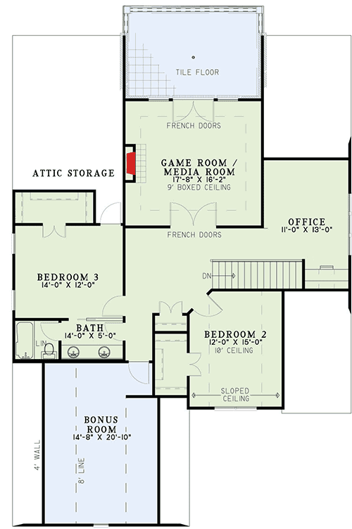 Plan 60680ND: Tudor Style House Plan with 4 Beds and Two Porches - Floor Plan - 2nd Floor - European, French Country