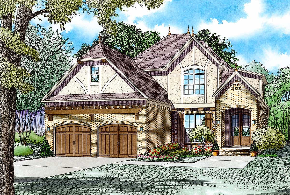 House plan exterior of a two-story home with a two-car garage, arched entryway, dormer, and brick and stucco facade.