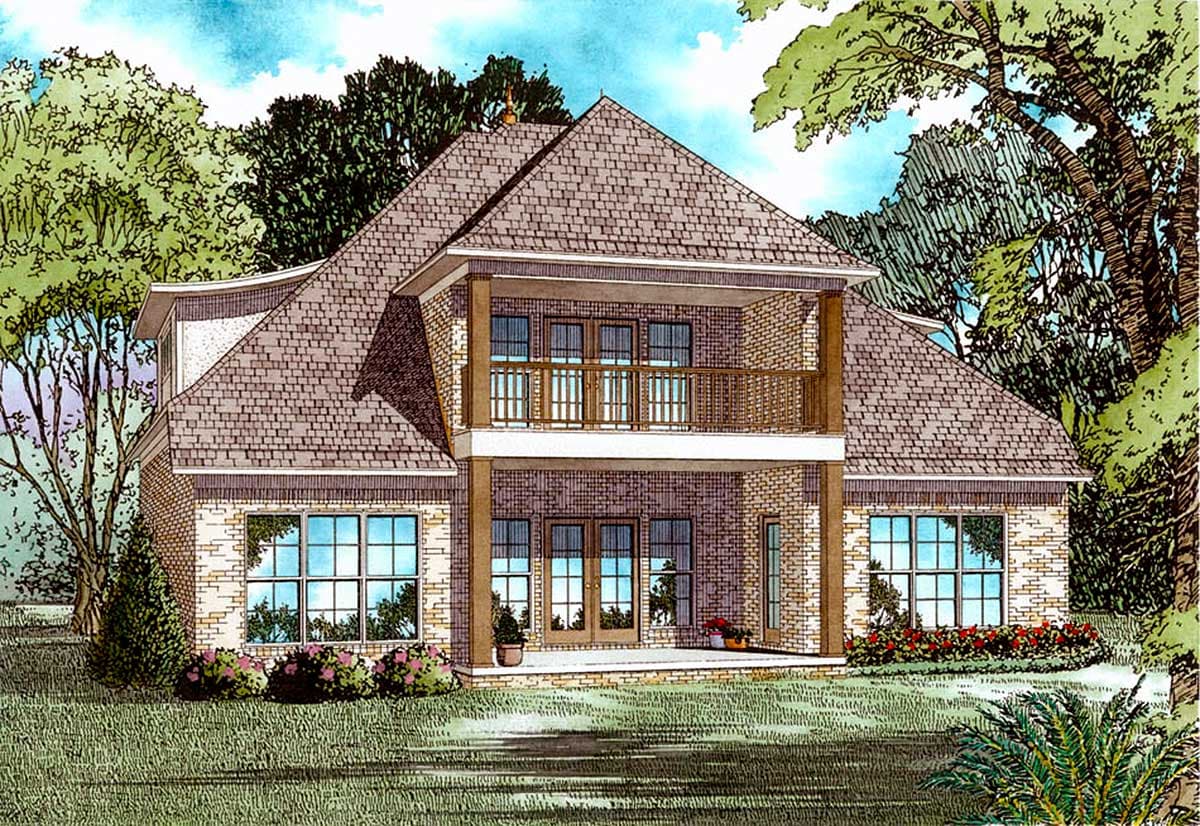 House plan exterior with brick facade, multi-story gables, and second-story balcony supported by columns.