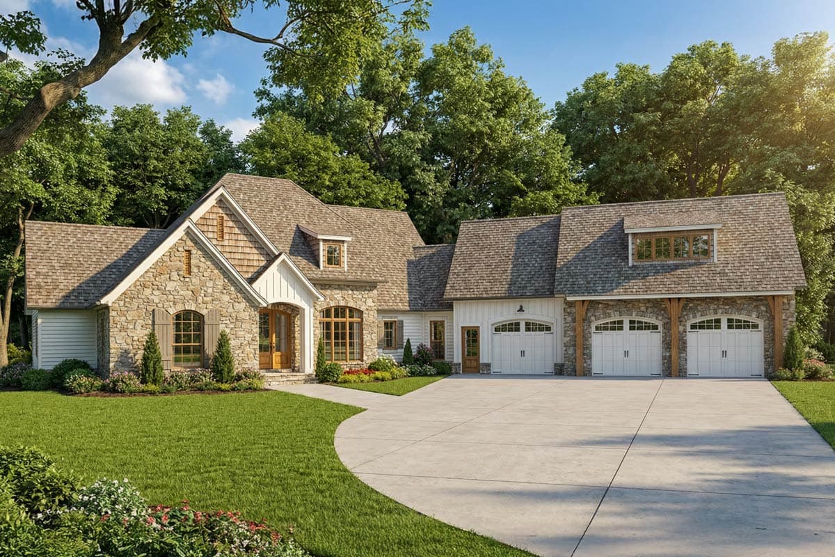 House plan exterior with stone and wood accents. Features include multiple gables, a front-facing garage with three bays, and dormers.