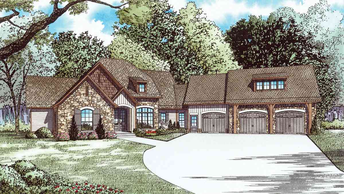 House plan exterior: stone and shingle accents, multiple gables, dormer, and attached 4-car garage with timber framing.