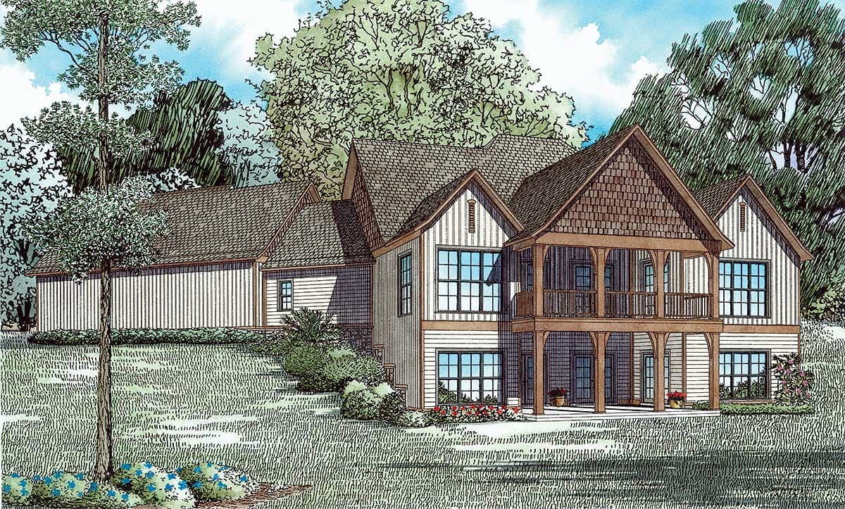 House plan exterior showing a multi-story home with a covered upper porch, gables, and vertical siding.