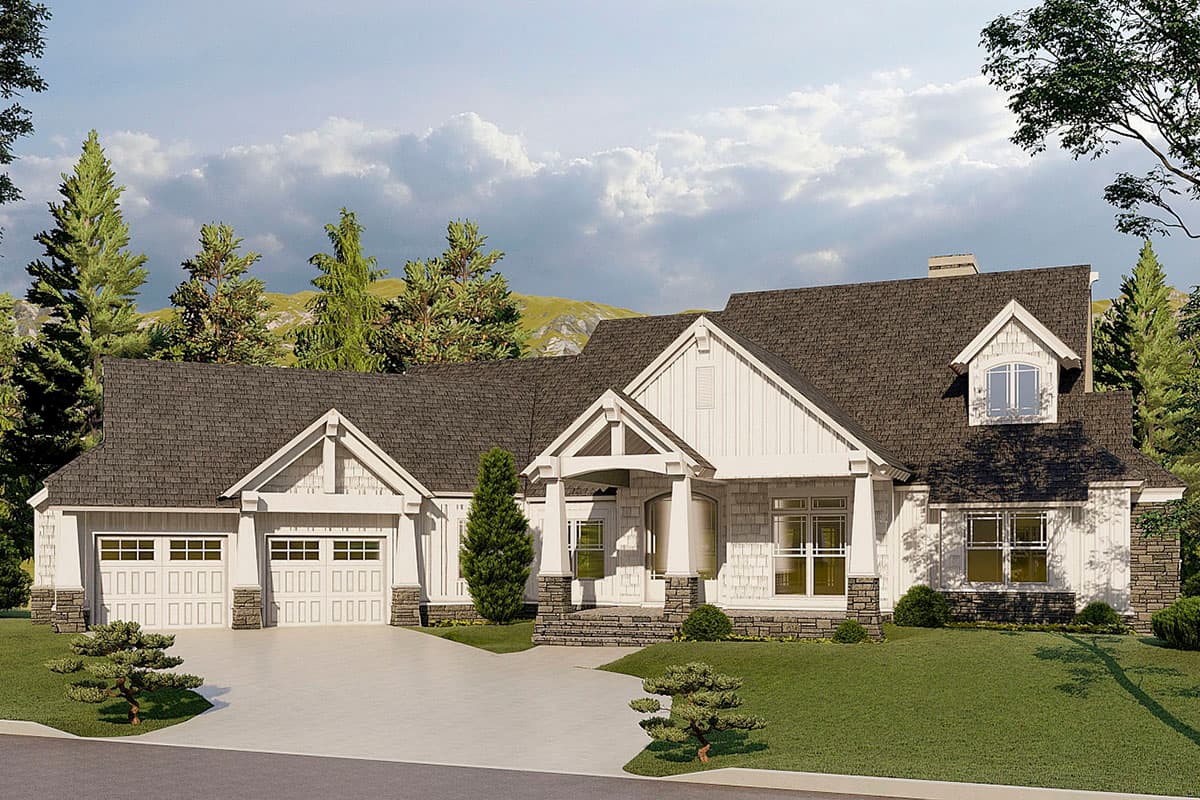 Modern Farmhouse house plan exterior with a prominent gable, triple garage doors, covered entry, and dormer.