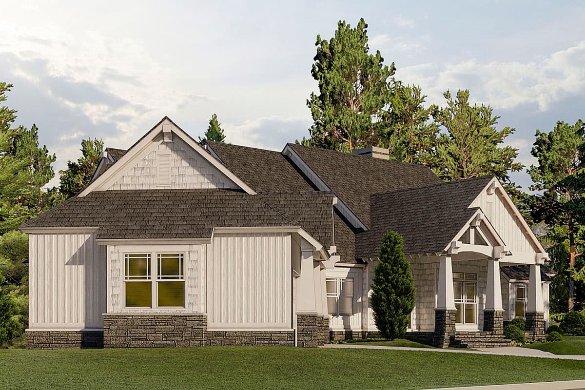 Modern Farmhouse house plan exterior with board and batten siding, stone accents, gables, and covered entry.