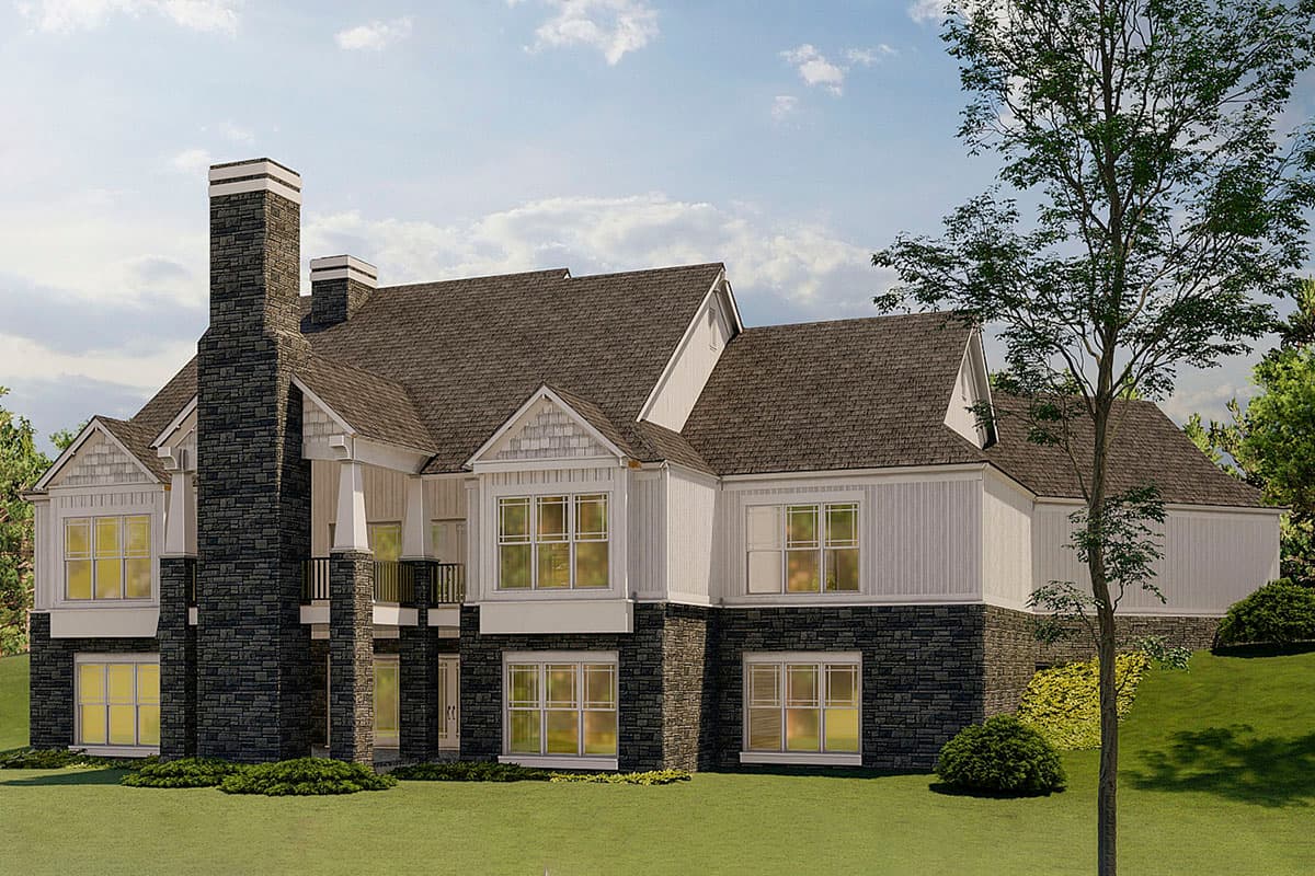House plan exterior: Two-story Modern Farmhouse with stone base, large stacked stone chimney, gables, and a covered entry.