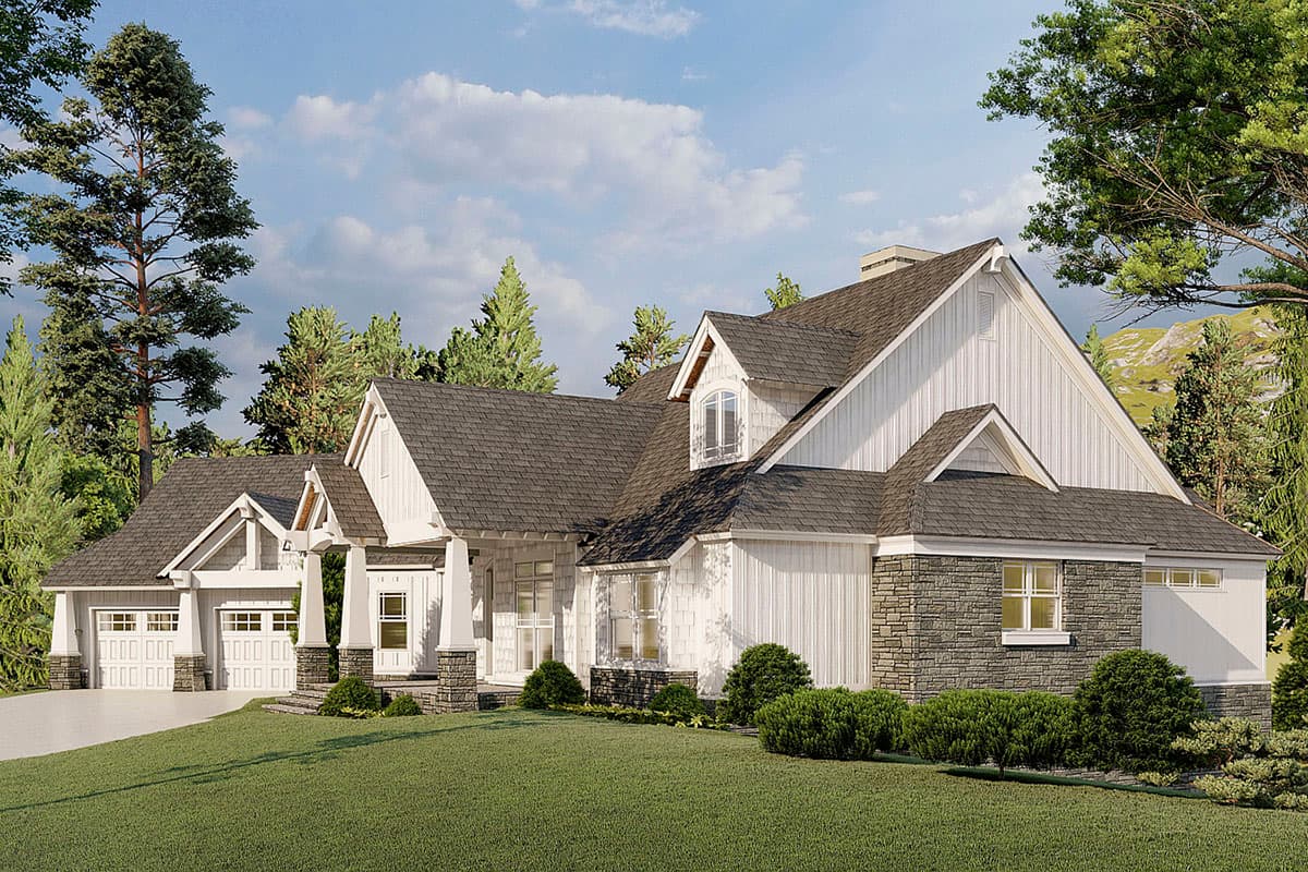 House plan exterior: Modern Farmhouse style with gabled rooflines, dormers, stone and vertical siding, and a three-car garage.