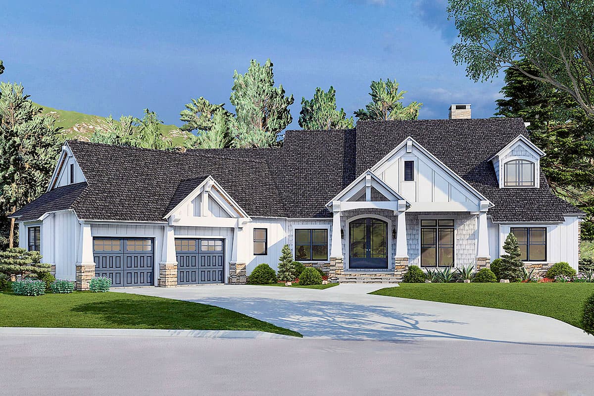 House plan exterior in a Modern Farmhouse style. Features include gables, dormers, and a two-car garage. Stone accents on the facade.