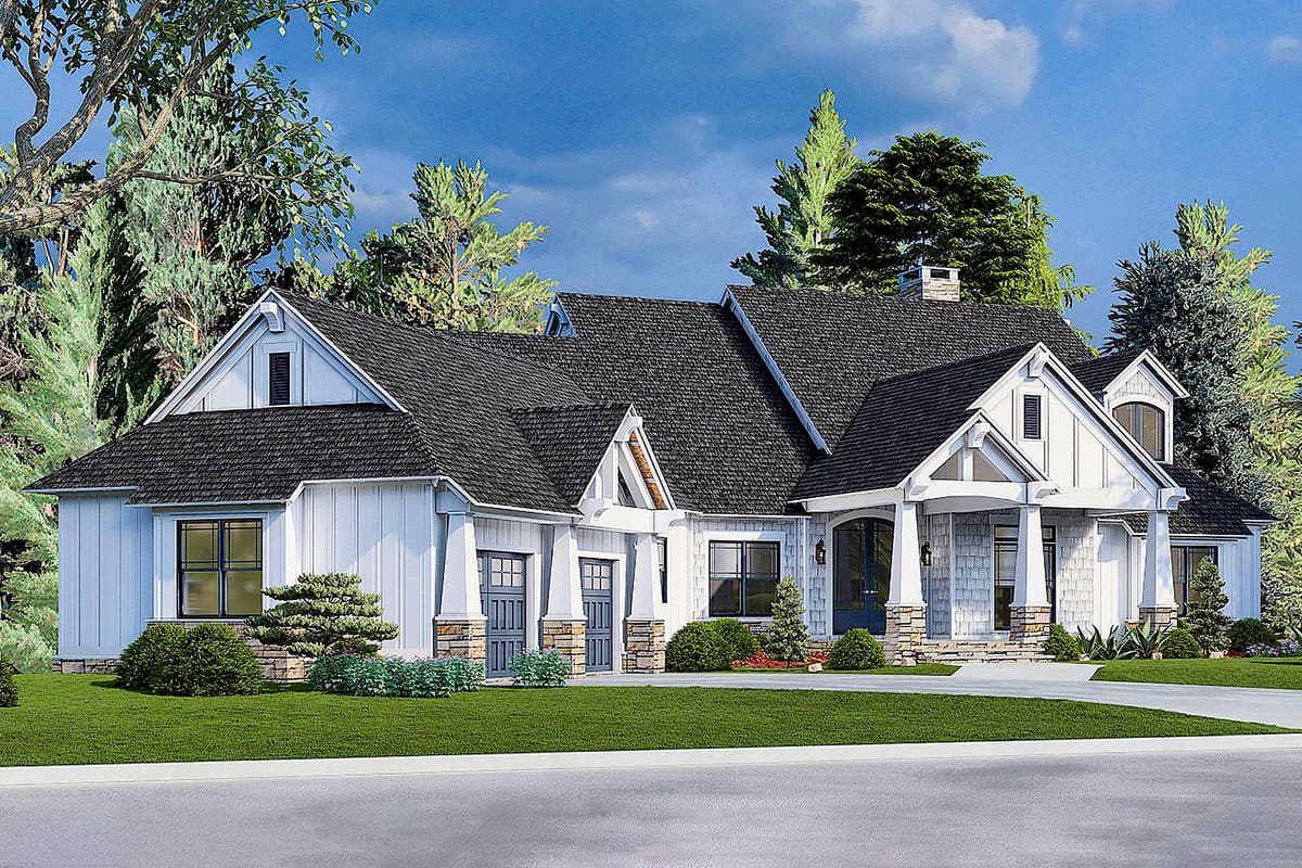 Modern Farmhouse house plan exterior with a prominent gabled entry, board and batten siding, stone accents, and a two-car garage.