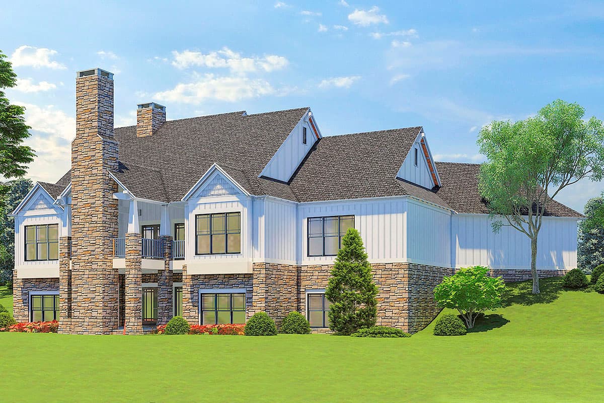 House plan exterior: Modern Farmhouse style with stone base, board and batten siding, multiple gables, and prominent stone chimney.