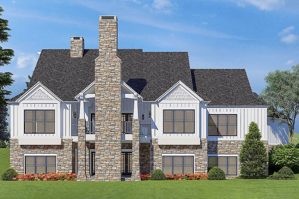 House plan exterior with stone and vertical siding, multiple gables, dormers, and prominent stone chimney.