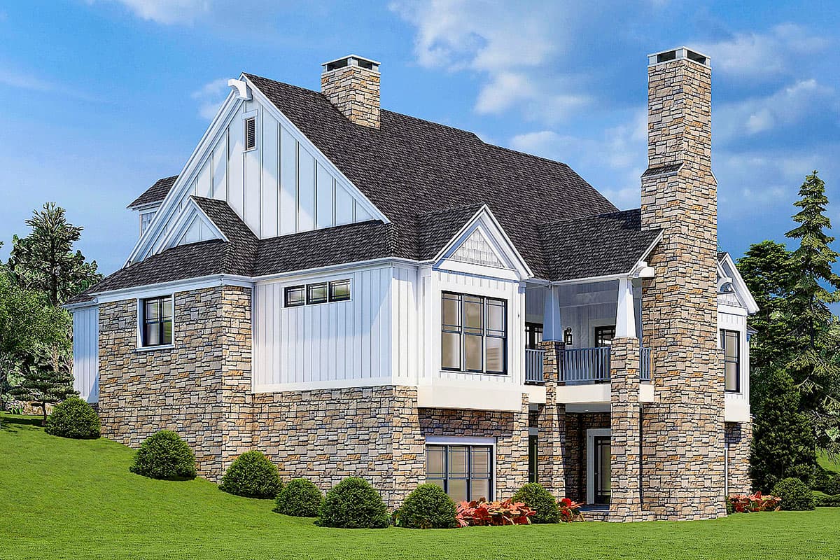 Modern Farmhouse house plan exterior with stone base, white board and batten siding, multiple gables, and prominent stone chimney.