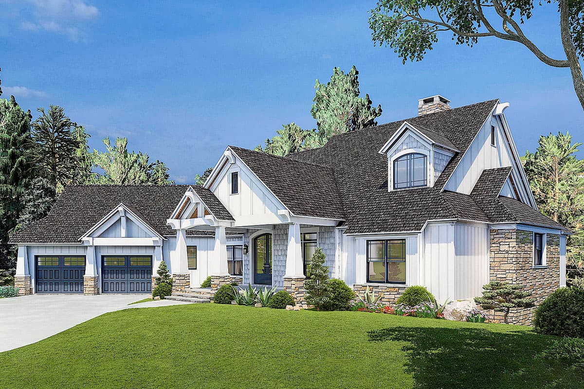 House plan exterior of a Modern Farmhouse style home with a three-car garage, covered porch, gables, dormers, and stone accents.