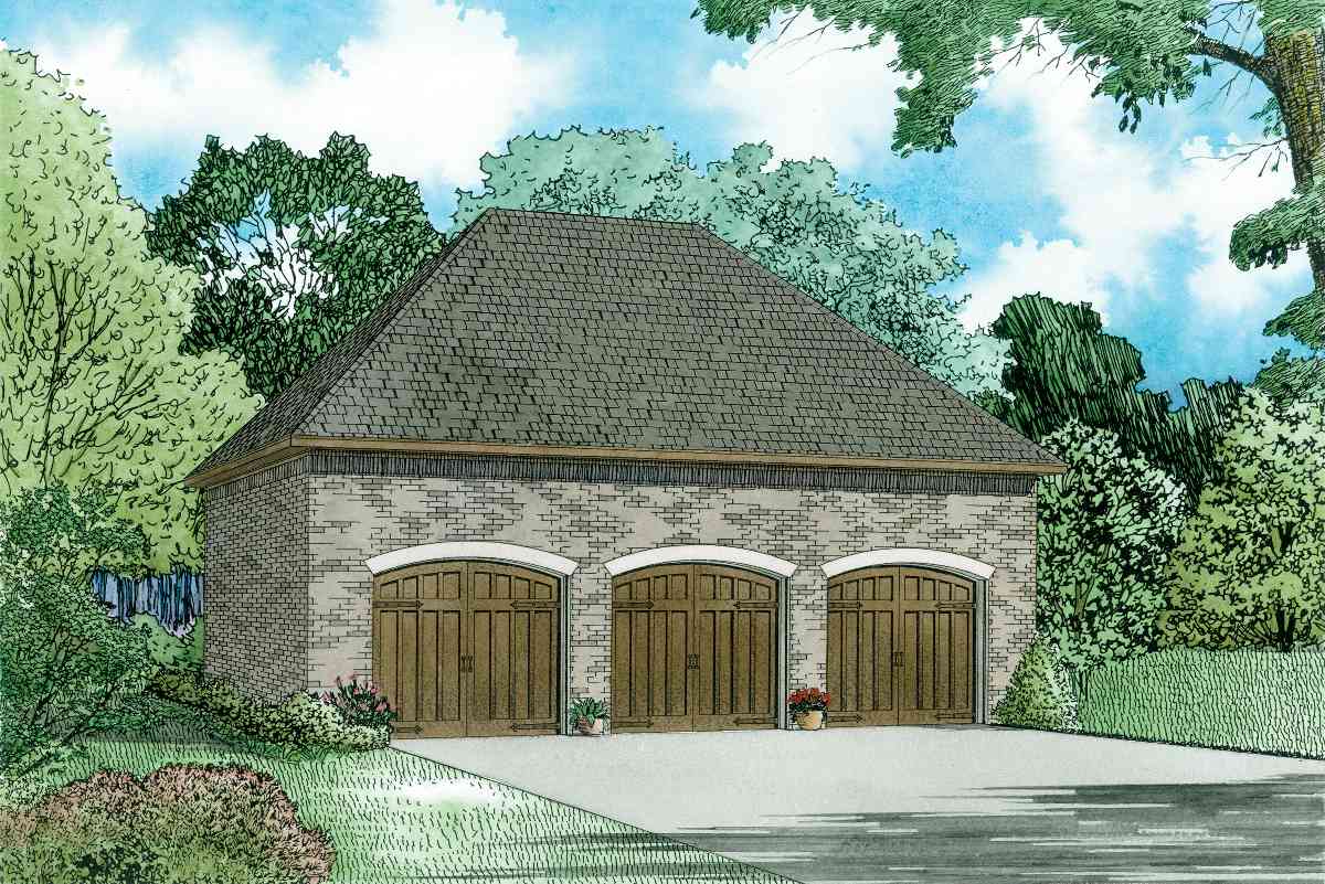 House plan exterior of a three-bay garage with arched wooden doors, brick facade, and a steeply pitched hip roof.