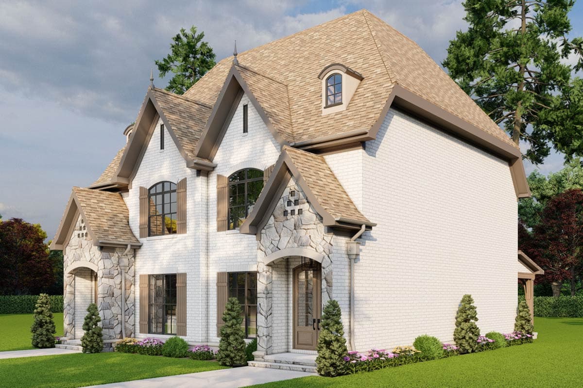 House plan exterior: Two-story brick home with stone accents, multiple gables, arched windows, dormer, and covered entryway.