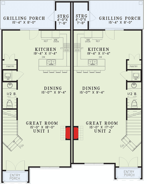 Plan 60684ND: 2-Story Euro Duplex House Plan with 1523 Sq Ft 2 Bed 2.5 Bath Units - Floor Plan - Main Level - European, French Country