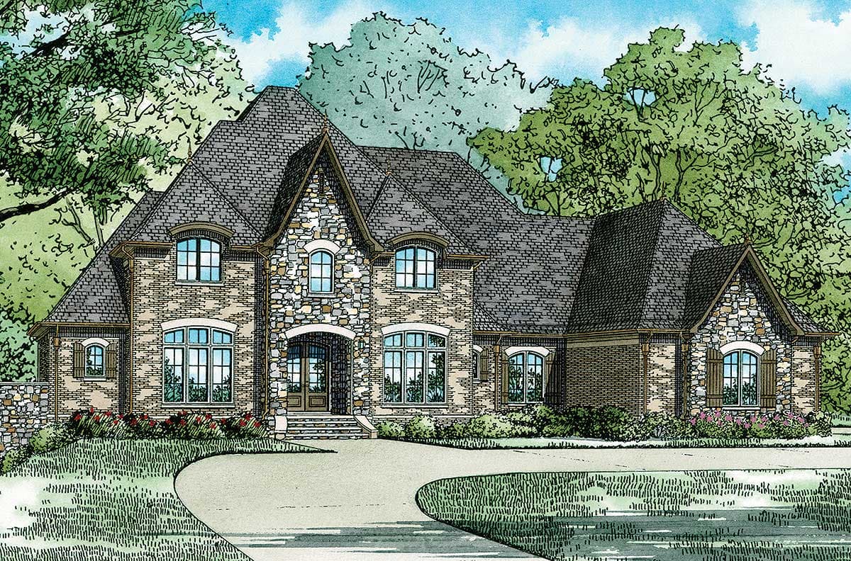 House plan exterior: Two-story home with stone and brick facade, arched entryway, multiple gables, and steep rooflines.